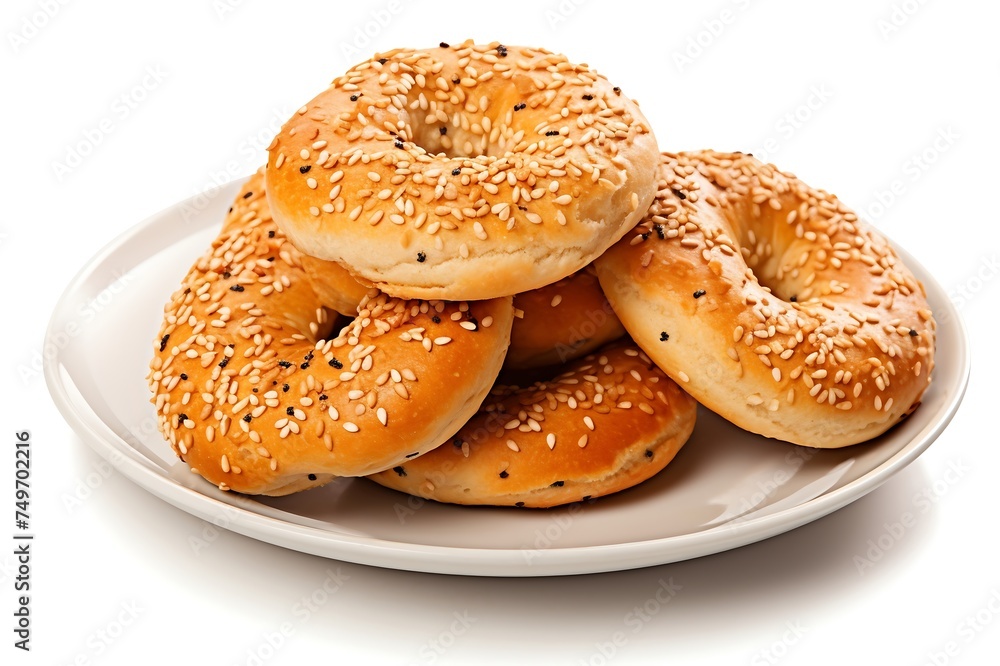 Bagels on a plate isolated on white background. Top view. Bagels on a plate isolated on white background. Top view.