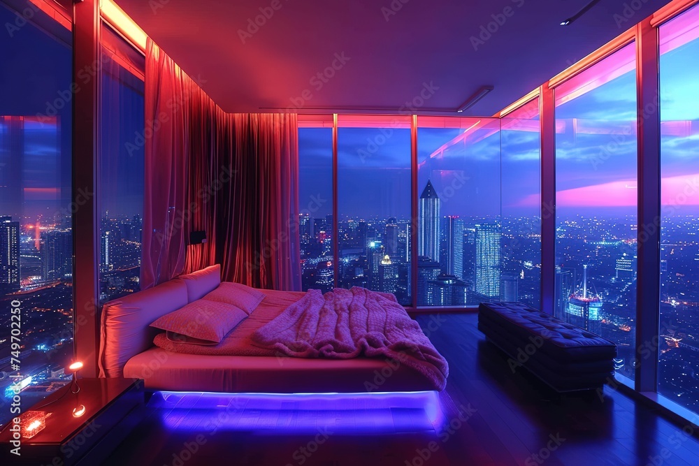 penthouse bedroom at night, dark gloomy, A room with a view of the city from the bed