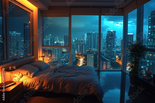 penthouse bedroom at night, dark gloomy, A room with a view of the city from the bed © Azar