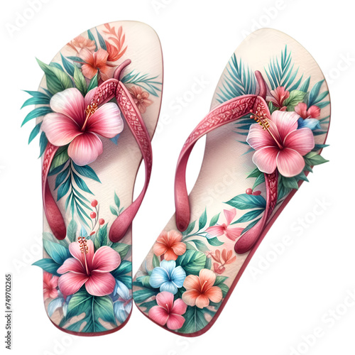 Colorful summer flip flops on white background photo
