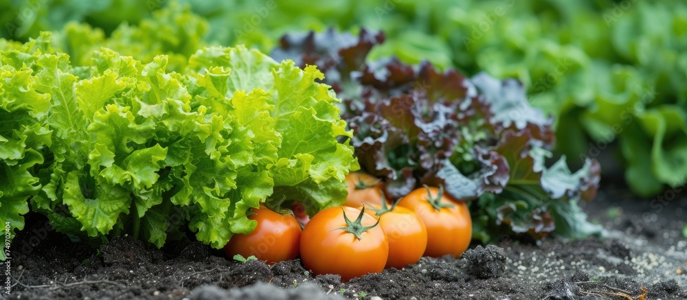 A group of fresh lettuce and tomatoes are seen growing in a non-toxic vegetable garden. The vibrant green lettuce leaves contrast with the bright red tomatoes, showcasing a healthy and thriving crop.