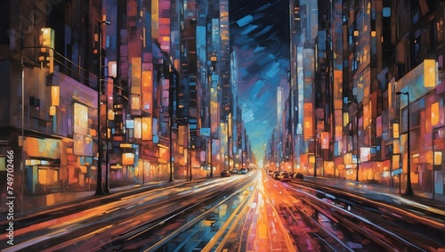 The vibrant energy of a city at night, depicted through the blurred motion of highway lights, creating an abstract and colorful tapestry of urban life Generative AI