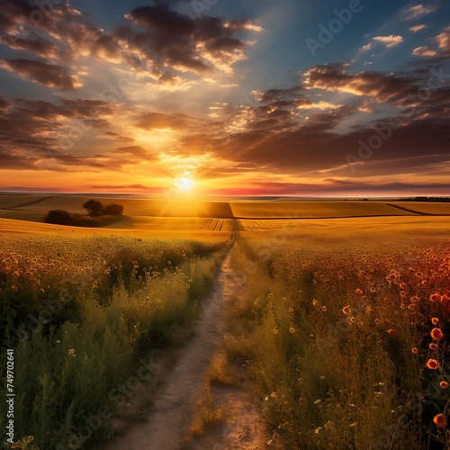 Sunset over a field of sunflowers and a dirt road