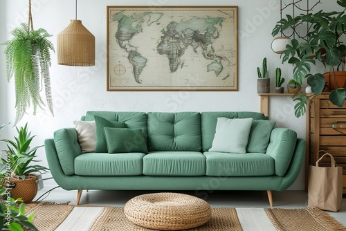 Stylish scandinavian living room interior with design mint sofa, furnitures, mock up poster map, plants, and elegant personal accessories. Home decor. Interior design. Template. Ready to use. photo
