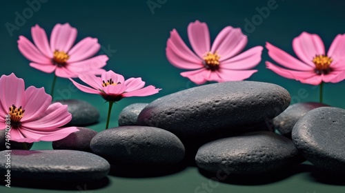 Photo of Black spa stones and pink cosmos flowers