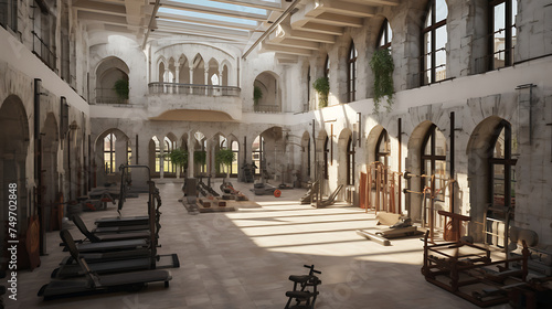 A gym layout for a medieval castle courtyard fitness center, with castle-inspired workouts and castle architecture. © Muhammad