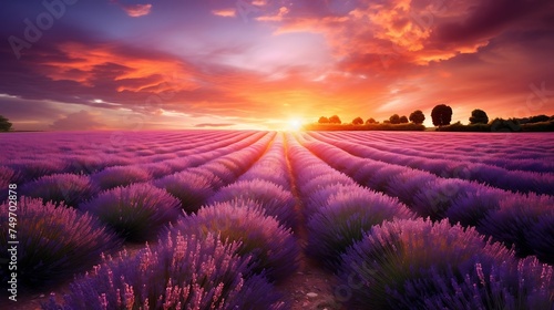 Sun setting or rising over a lavendar field photo