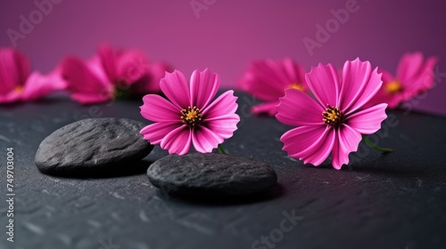 Photo of Black spa stones and pink cosmos flowers