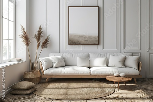 White minimalist living room interior with sofa on a wooden floor  decor on a large wall  white landscape in window. Home Nordic interior   Scandinavian interior poster mock up