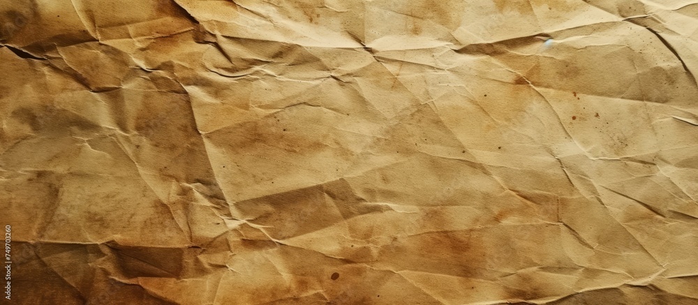 A piece of brown paper has been wrinkled, creating a textured vintage grunge background. The paper appears aged and worn, with creases and folds adding depth to the surface. A piece of brown paper has been wrinkled, creating a textured vintage grunge background. The paper appears aged and worn, with creases and folds adding depth to the surface.