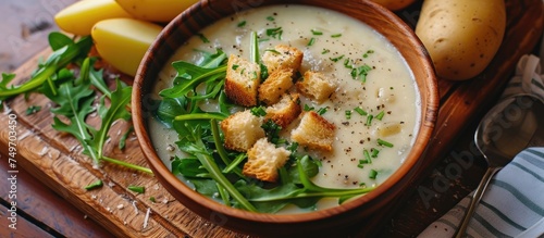 A bowl of creamy homemade rucola soup topped with crispy croutons served on a wooden cutting board. The soup is garnished with peeled potatoes, creating a cozy and inviting scene.