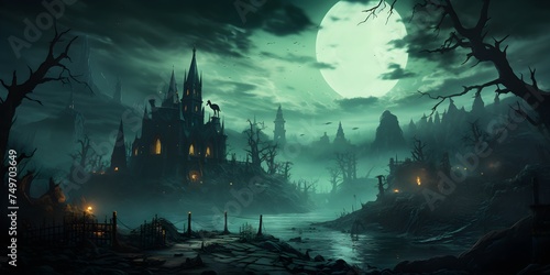 a halloween cemetery and graveyard with a full moon, in the style of dark turquoise and light green, made of mist, captivating, exacting precision, Halloween