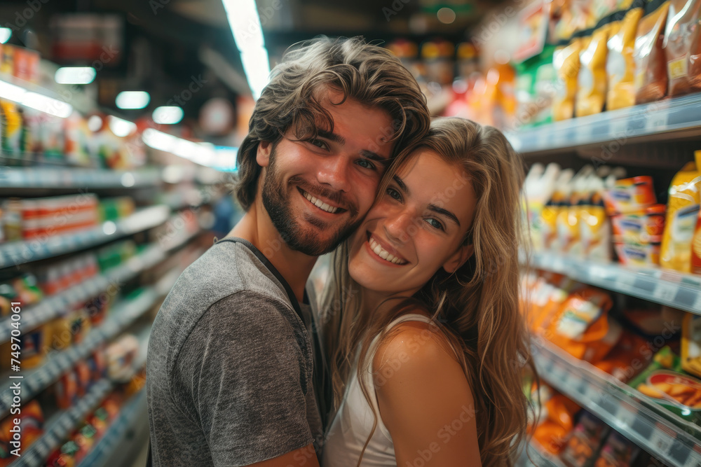 Happy couple shopping in supermarket