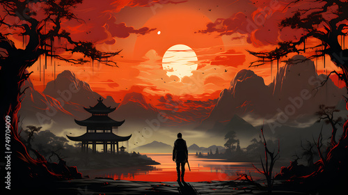 Illustration background of a samurai in front of a Japanese village