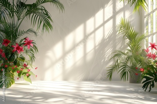 Abstract white studio background for product presentation. Empty room with shadows of window and flowers and palm leaves . 3d room with copy space. Summer concert. Blurred backdrop. See Less