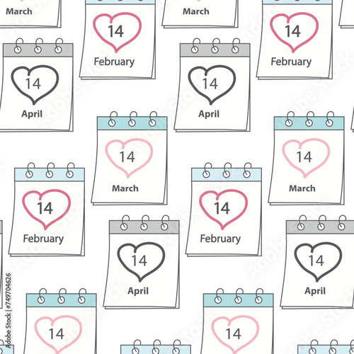 Seamless pattern of Calendar pages with date 14 March and 14 April with heart shaped stroke by hand