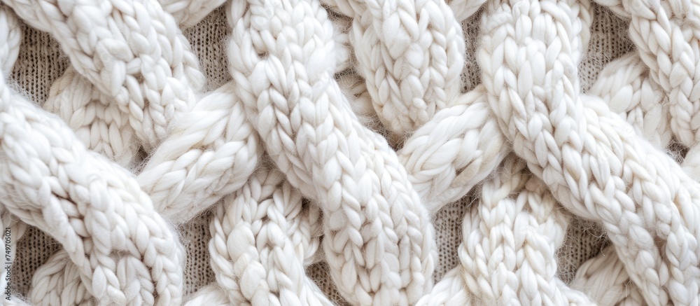 A close-up view showcasing the intricate details of a white knitted material on a cotton fabric canvas. The texture and pattern of the knit are prominently displayed, highlighting the craftsmanship A close-up view showcasing the intricate details of a white knitted material on a cotton fabric canvas. The texture and pattern of the knit are prominently displayed, highlighting the craftsmanship