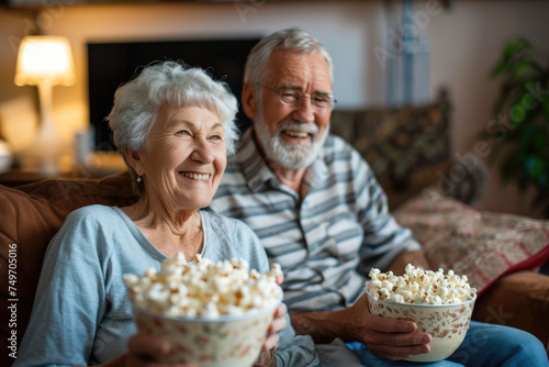 Happy senior couple eating popcorn while watching movie at home