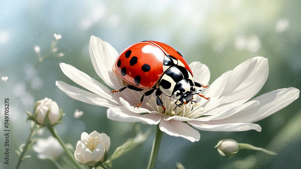 A beautiful natural background with a ladybug rests on a delicate white flower, its wings gently fluttering in the soft breeze and the ladybug and its surroundings invites a sense of peace A beautiful natural background with a ladybug rests on a delicate white flower, its wings gently fluttering in the soft breeze and the ladybug and its surroundings invites a sense of peace
