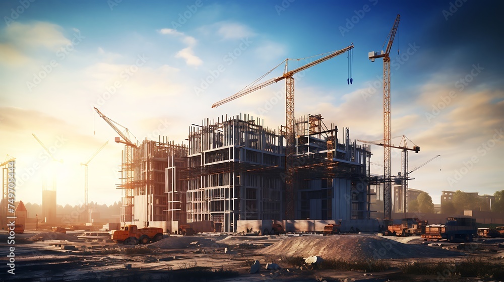Construction site with cranes and building under construction Construction site with cranes and building under construction