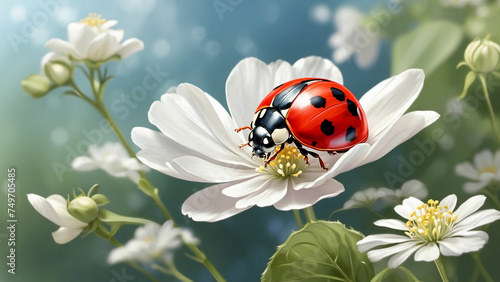 A beautiful natural background with a ladybug rests on a delicate white flower, its wings gently fluttering in the soft breeze and the ladybug and its surroundings invites a sense of peace