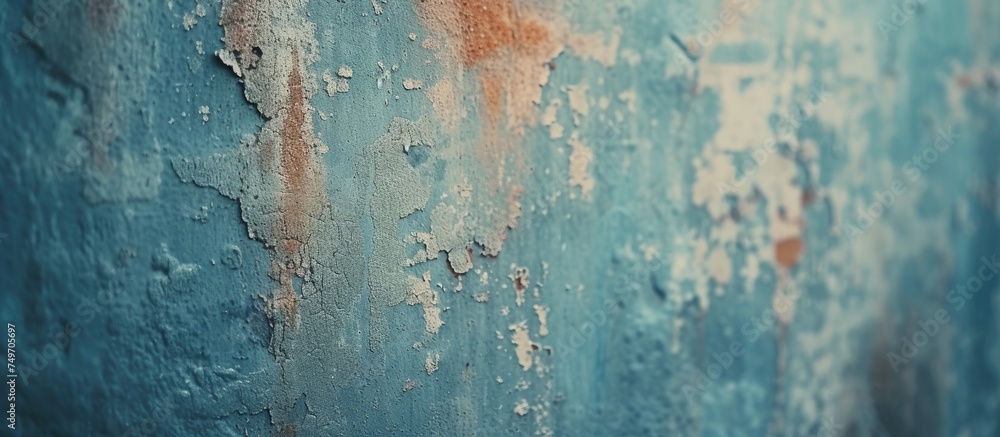 The image shows a blue wall with layers of peeling paint. The weathered surface creates a textured abstract background, with a sense of decay and neglect.