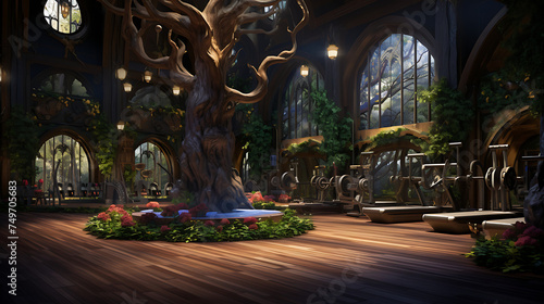A gym layout for a mystical forest fitness center, with enchanted forest workouts and fairy tale decor.