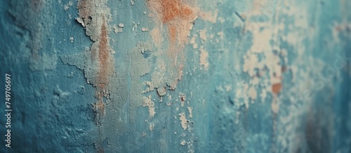 The image shows a blue wall with layers of peeling paint. The weathered surface creates a textured abstract background, with a sense of decay and neglect.