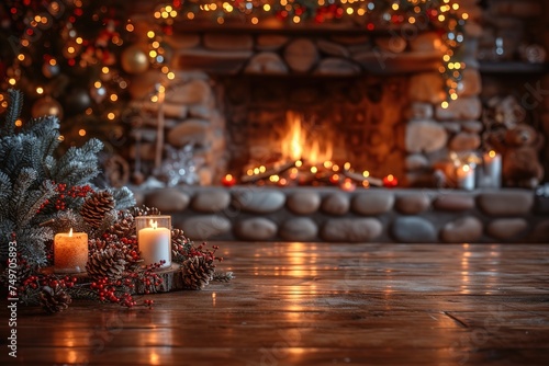 fireplace with christmas decorations, cosy home interior background Table top with blurred fireplace © abstract Art