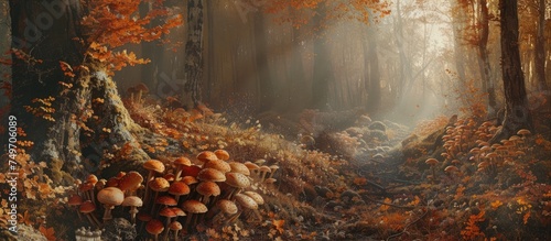 This painting depicts a dense forest filled with an abundance of mushrooms  showcasing the autumn season in all its glory. The forest floor is covered in various types of mushrooms  creating a vibrant