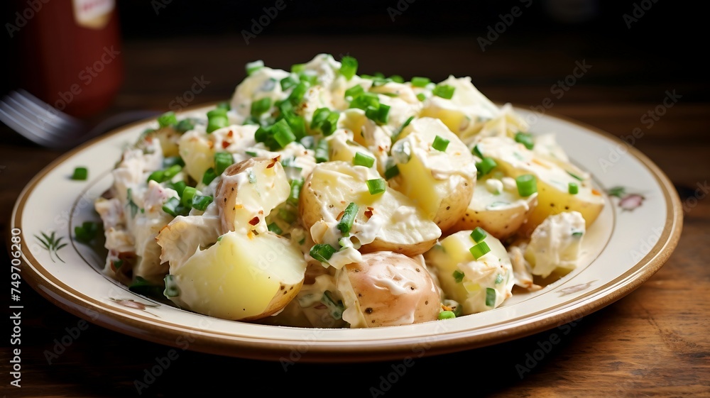 Traditional russian salad Olivier served on wooden table Traditional russian salad Olivier served on wooden table