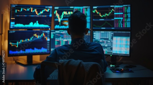 Man Engaged in Virtual Trading amidst Glowing Market Graphs. A trader immersed in a virtual reality simulation of live market analytics, hands raised to navigate the digital interface. Bull Run. © Beyonder