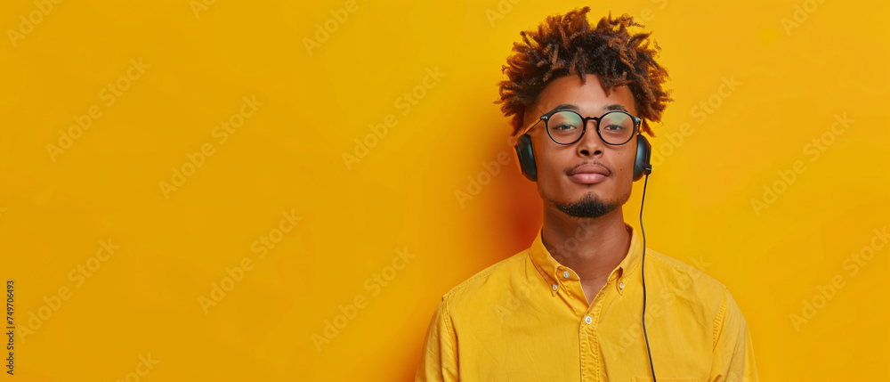 Stylish African-American Customer Service Professional with Headset Against Monochrome Yellow Backdrop Stylish African-American Customer Service Professional with Headset Against Monochrome Yellow Backdrop