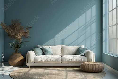 Minimal living room and blue wall texture background interior design / 3D rendering