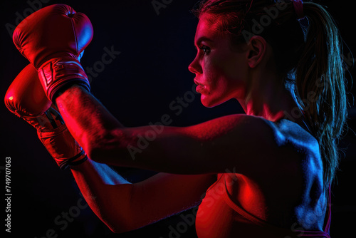 Kickboxing woman in activewear and red kickboxing gloves performing a martial arts kick © Kien