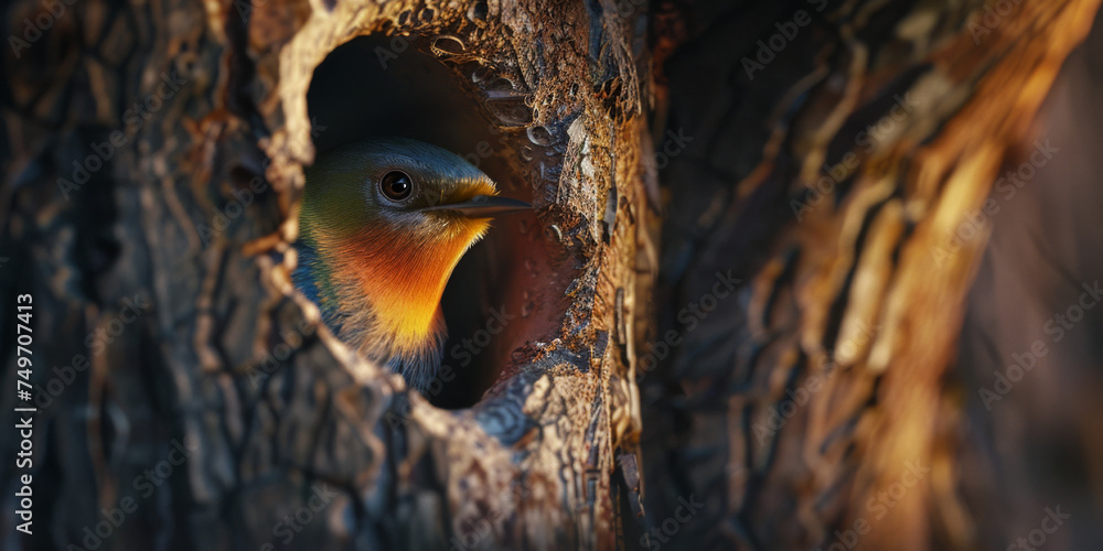 Obraz premium bird is peeking through a hole in the tree, generative AI
