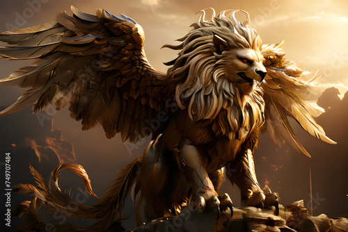 Griffin (Greek mythology - creature with the body of a lion and the head and wings of an eagle)
Generative AI photo
