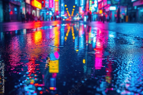 Multi-colored neon lights on a dark city street, reflection of neon light in puddles and water. Abstract night background, blurred bokeh light. Night view colorful © abstract Art