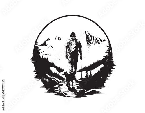 man hiking with dog a trail through the mountains, t-shirt design concept