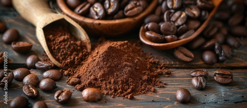 A collection of coffee beans is stacked next to a scoop of ground coffee on a rustic wooden table. The rich aroma of freshly ground coffee fills the air, promising a flavorful brew.