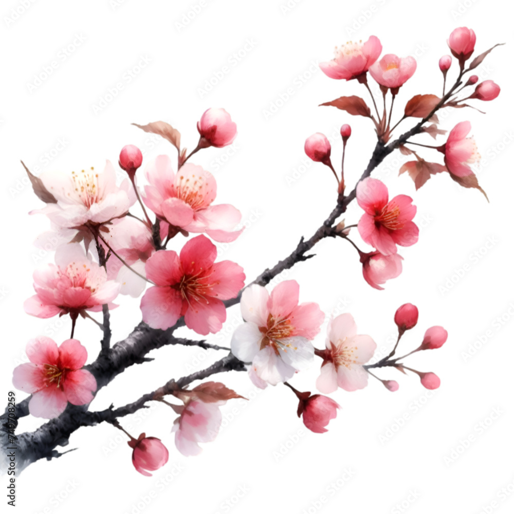 Sakura Pink cherry blossoms bloom against a white background in a beautiful spring scene, capturing the delicate beauty of nature's floral display Sakura Pink cherry blossoms bloom against a white background in a beautiful spring scene, capturing the delicate beauty of nature's floral display