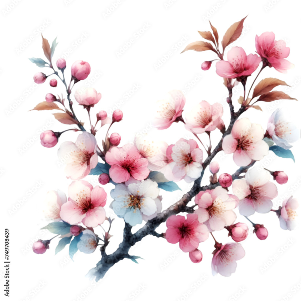 Sakura Pink cherry blossoms bloom against a white background in a beautiful spring scene, capturing the delicate beauty of nature's floral display Sakura Pink cherry blossoms bloom against a white background in a beautiful spring scene, capturing the delicate beauty of nature's floral display