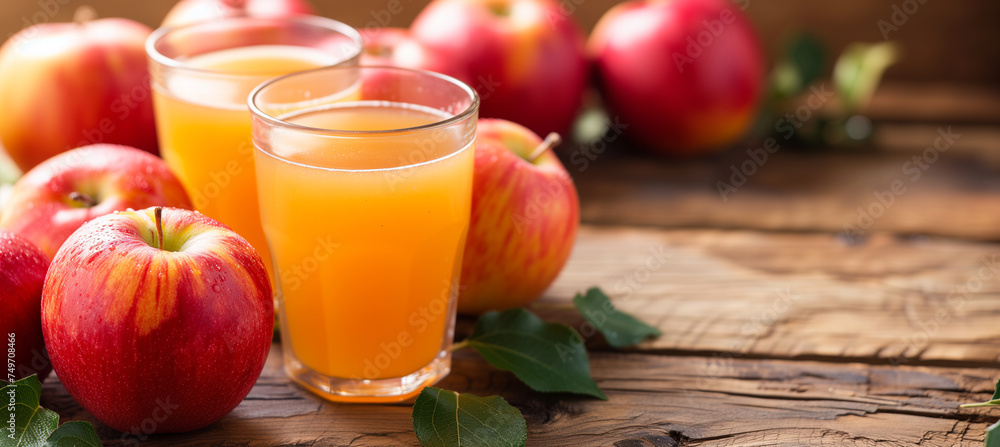 Freshly squeezed apple juice in glass with ripe apples and copy space Freshly squeezed apple juice in glass with ripe apples and copy space