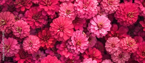 A cluster of vibrant pink zinni flowers grouped together, showcasing their stunning petals in a beautiful display. photo