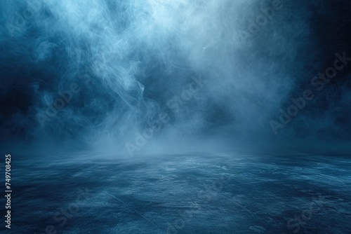 The concrete floor and studio room with smoke float up the interior texture for display products Dark street  asphalt abstract dark blue background