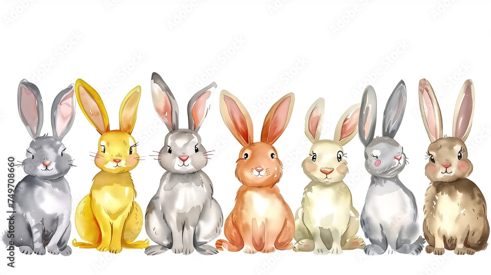 Obraz premium Group of cute cartoon bunnies on white background, watercolor st
