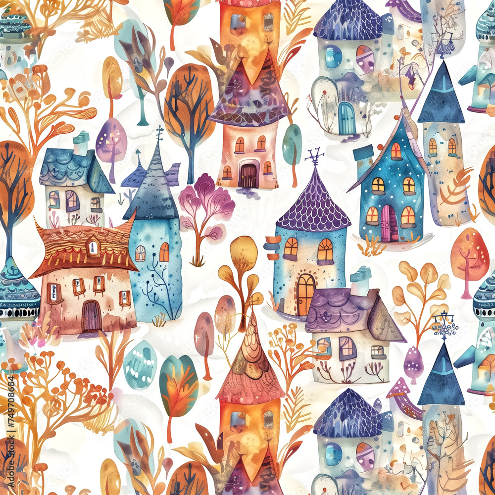 Naklejka premium Whimsical watercolor seamless pattern with elven houses. Intrica