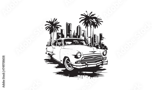 Retro car in a tropical city vintage t shirt design concept black and white