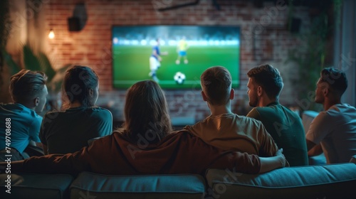 Group of friends watching a football match on TV together and cheering for their team. back view