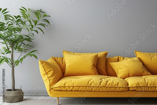 Yellow sofa and plant in a living room on white backgrouund photo